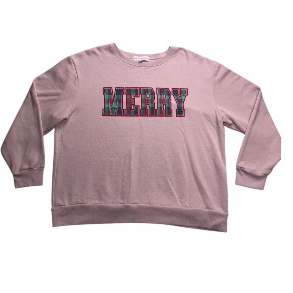 State of Mine Merry Plaid Graphic‎ Sweatshirt Womens XL Tan Christmas Pullover